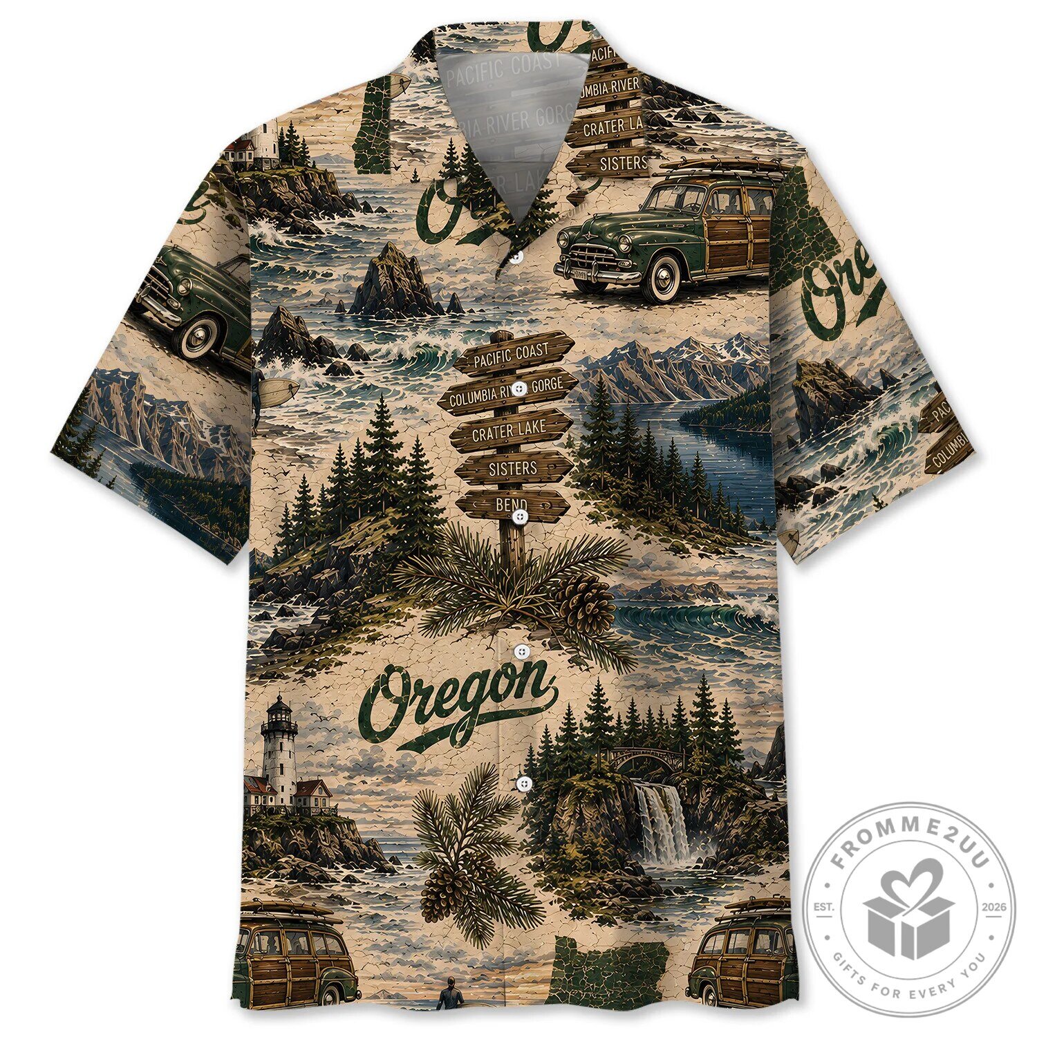 Vintage Oregon Pacific Coast Scenic Landscape Hawaiian Shirt