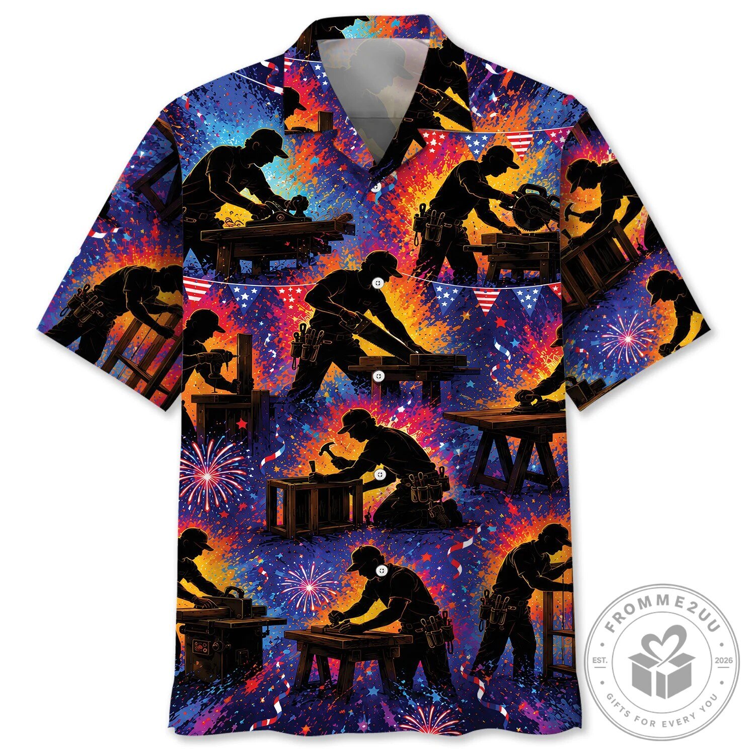 Woodworker Silhouette Colorful Fireworks Hawaiian Shirt