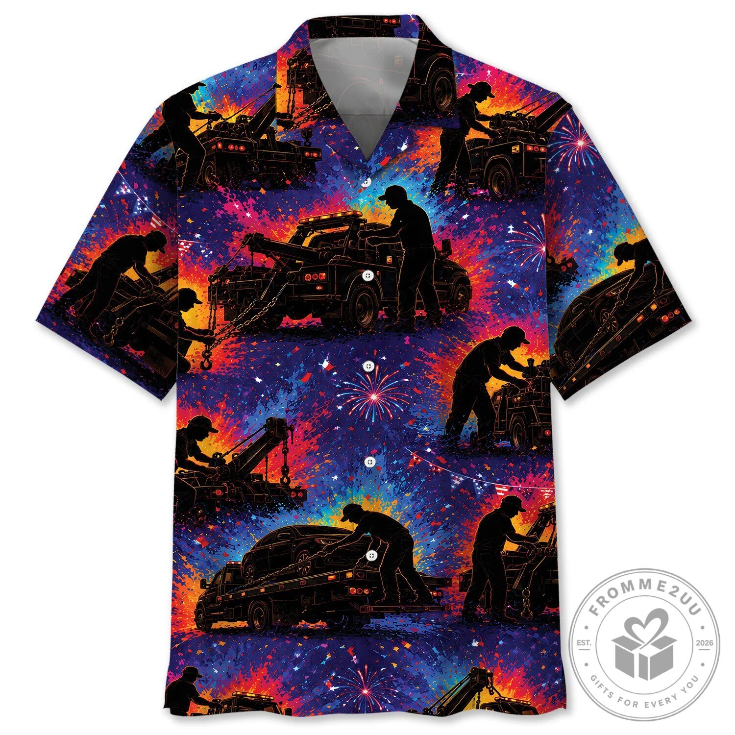 Tow Truck Operator Silhouette Fireworks Hawaiian Shirt
