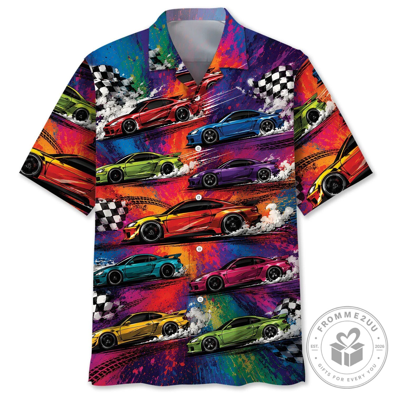 Street Racing Cars Checkered Flag Colorful Hawaiian Shirt