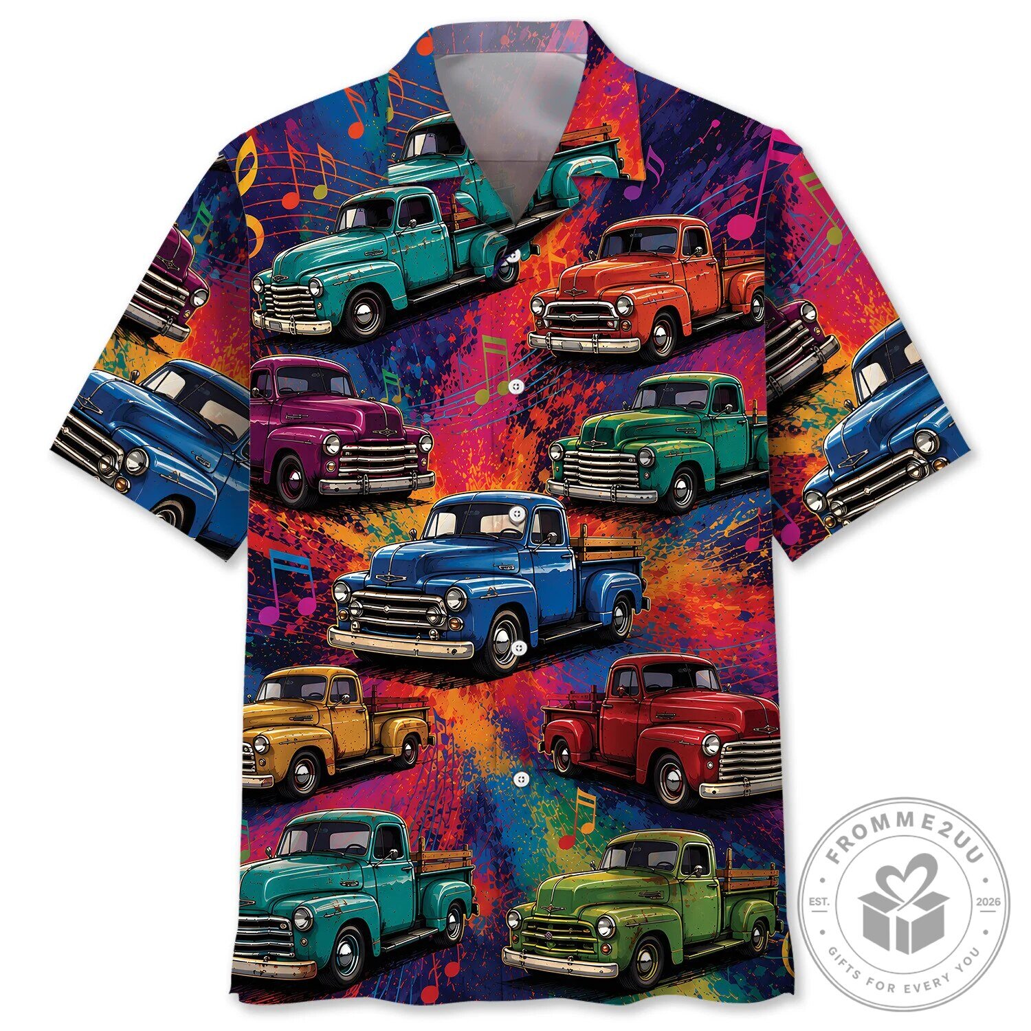 Vintage Pickup Truck Musical Notes Colorful Hawaiian Shirt