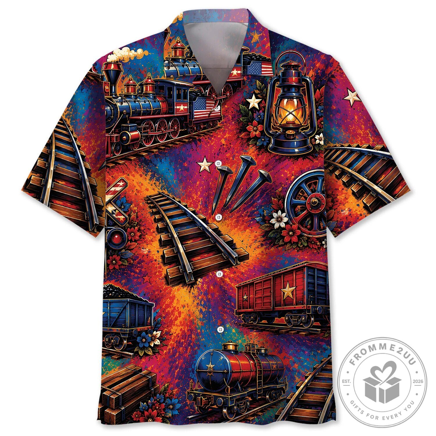 Vintage Railroad Worker Steam Train Locomotive Hawaiian Shirt