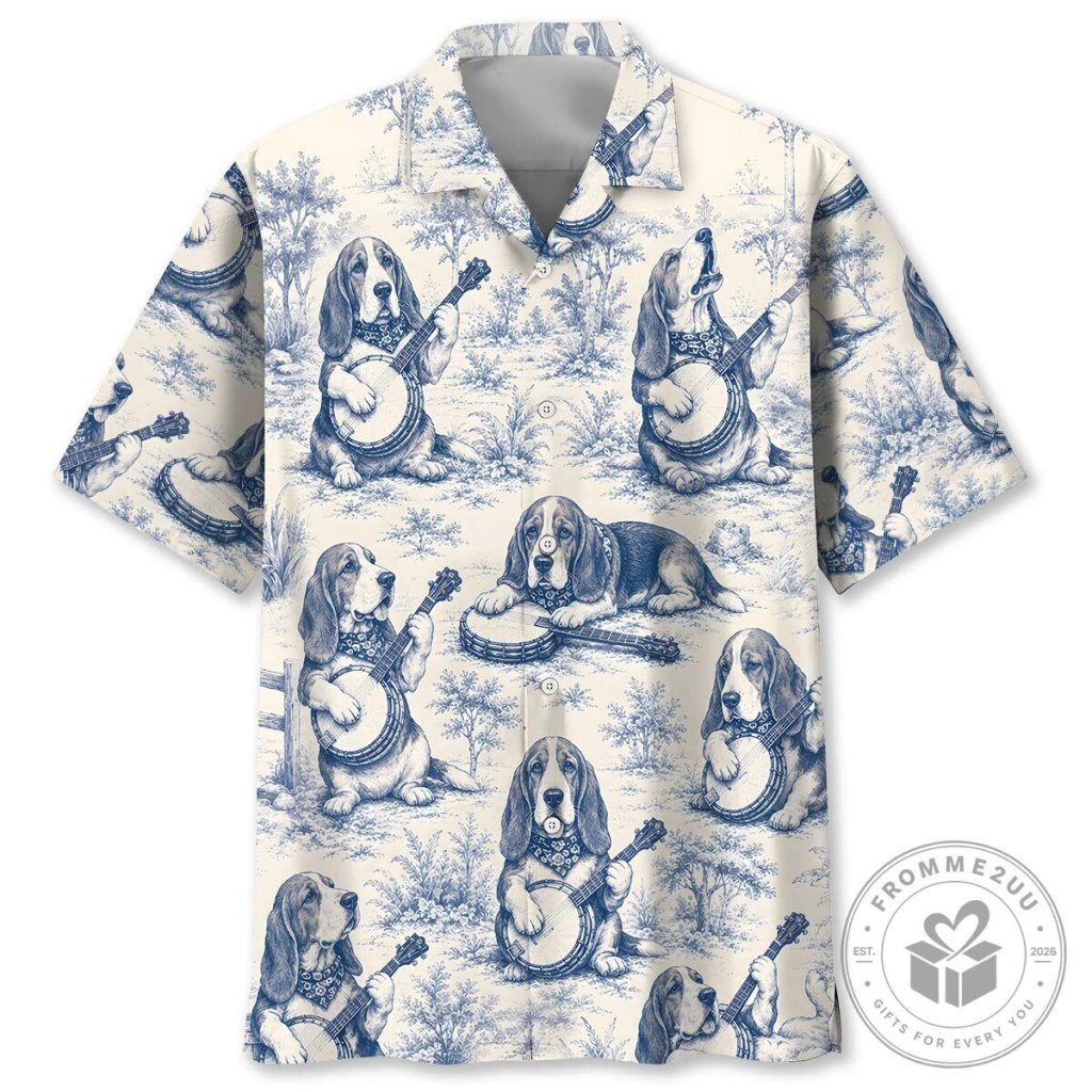 Funny Dog Shirt Basset Hound Playing Banjo Blue Toile Hawaiian Shirt Funny Dog Shirt Basset Hound Playing Banjo Blue Toile Hawaiian Shirt