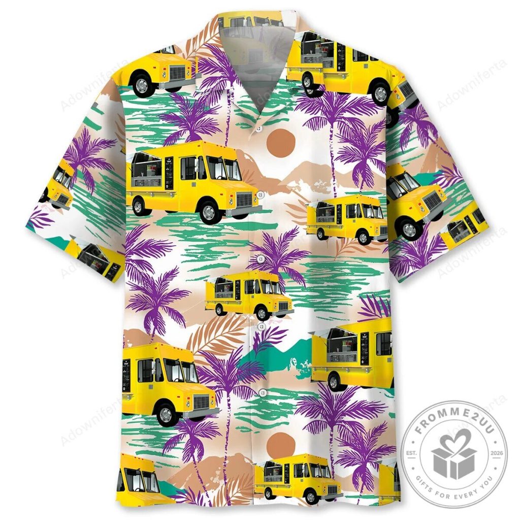 Funny Food Truck Hawaiian Shirt with Palm Trees and Sunset Design Funny Food Truck Hawaiian Shirt with Palm Trees and Sunset Design