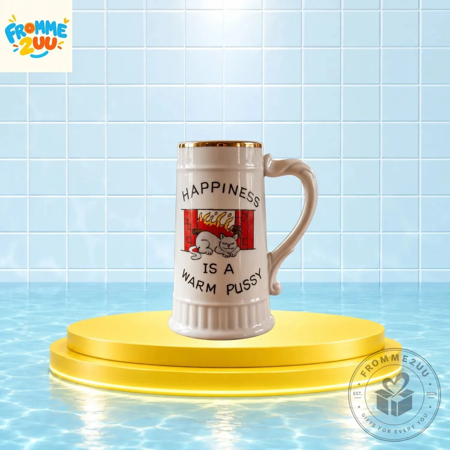 Vintage Style Happiness is a Warm Pussy Cat Beer Stein Ceramic Mug