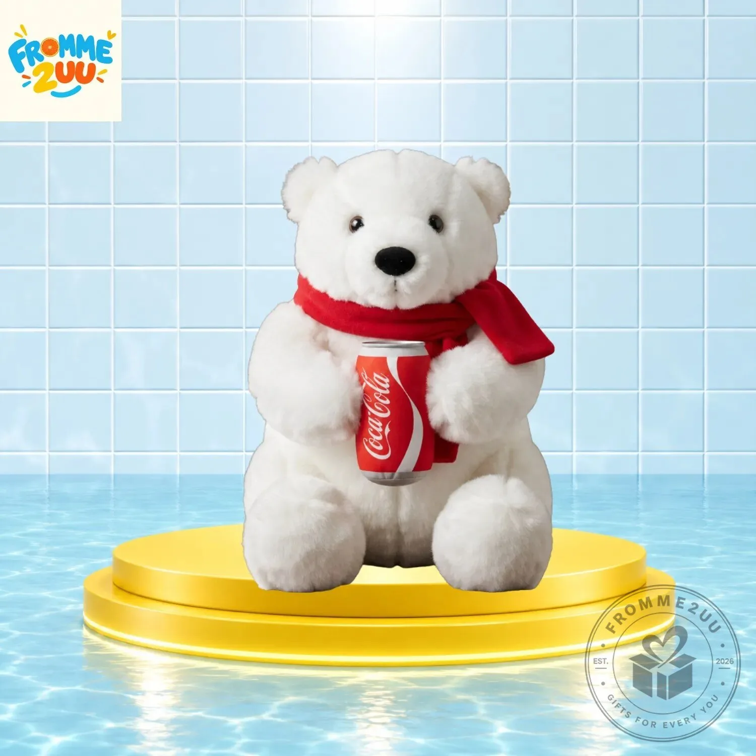 Polar Bear Plush with Red Logo Scarf Holding Coca-Cola Can