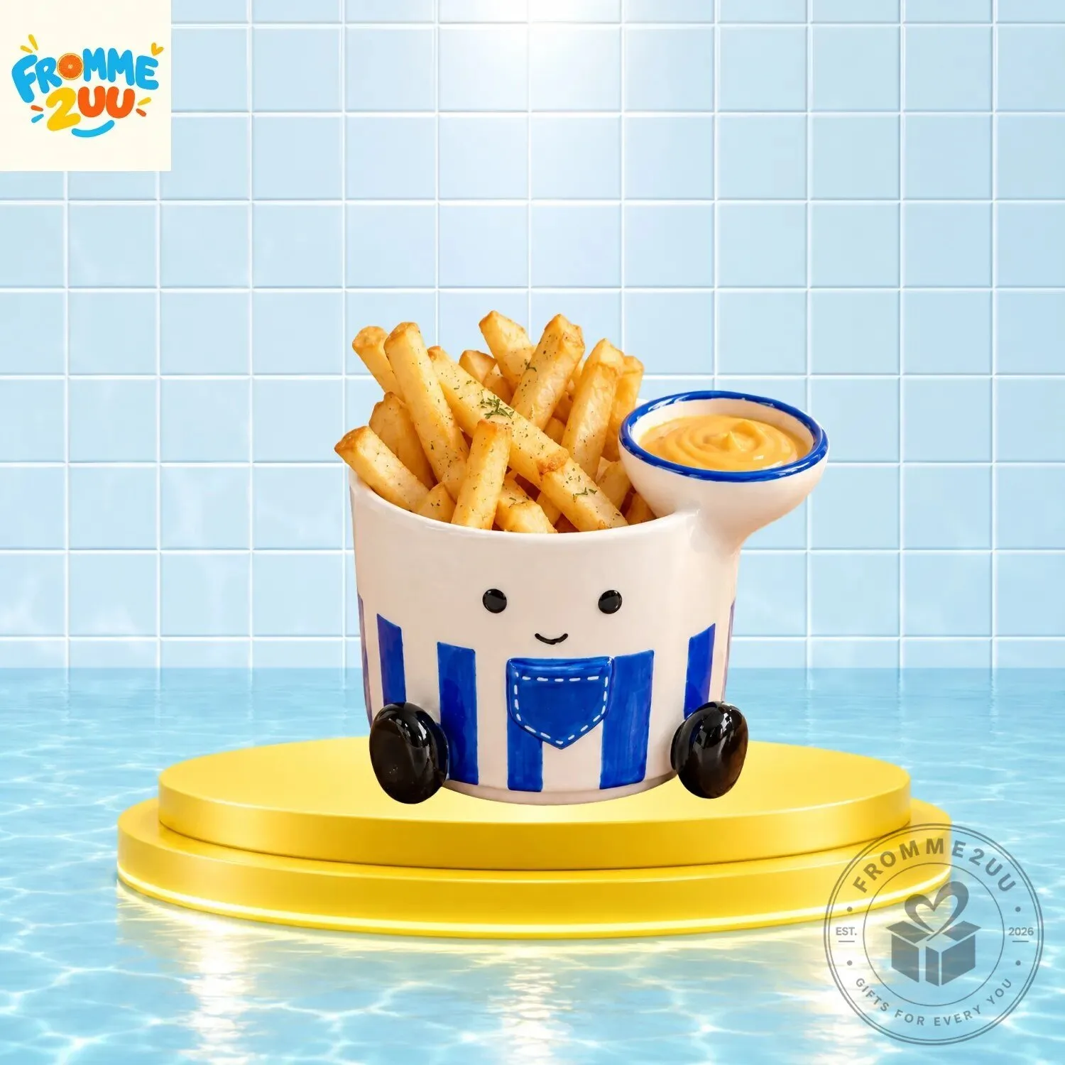 Cartoon Character Denim Overalls Fast Food Cup With Built in Dipping Sauce Holder